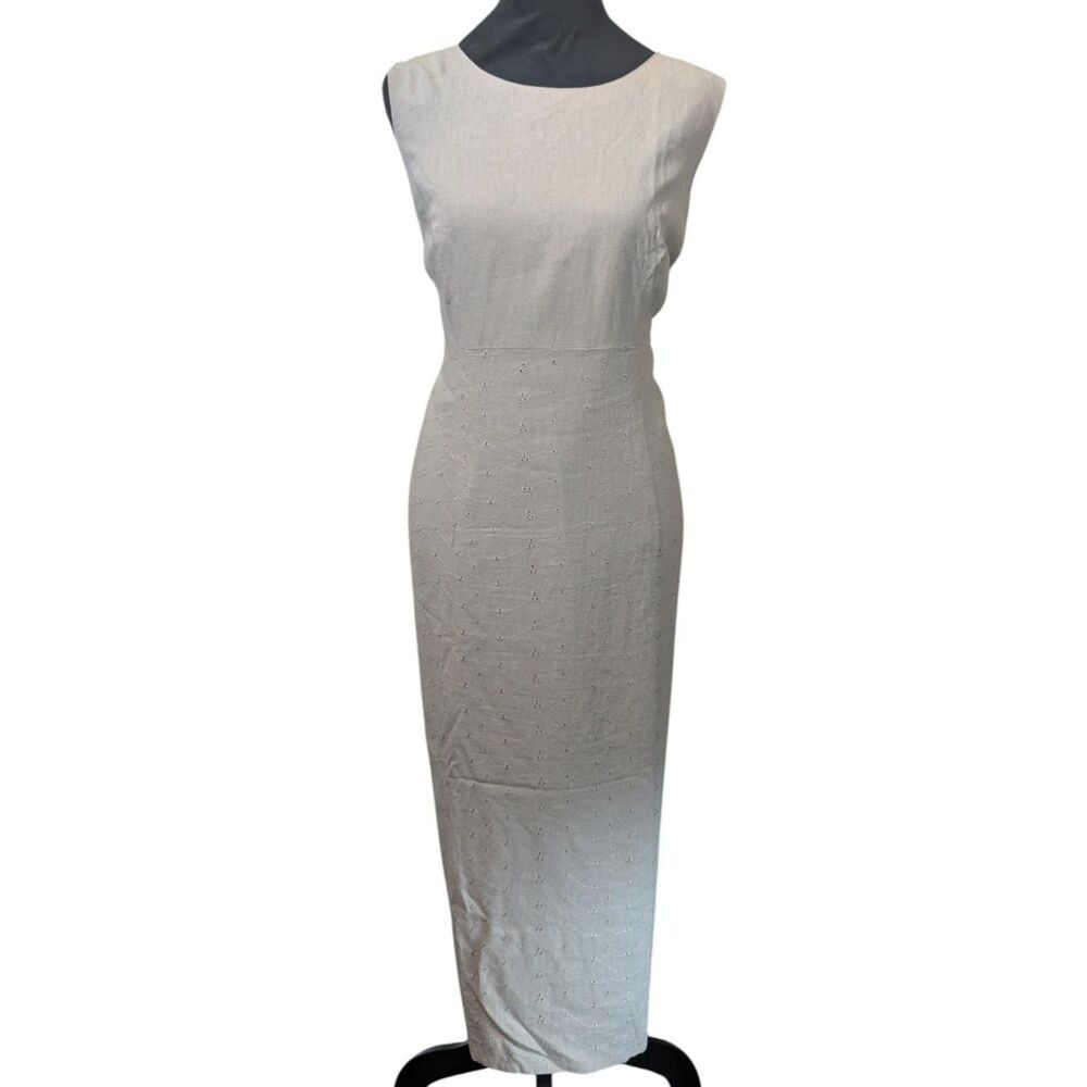 Sag Harbor Petite 14P Linen Sheath Dress Embroidered Eyelet Beige Tan Minimalist